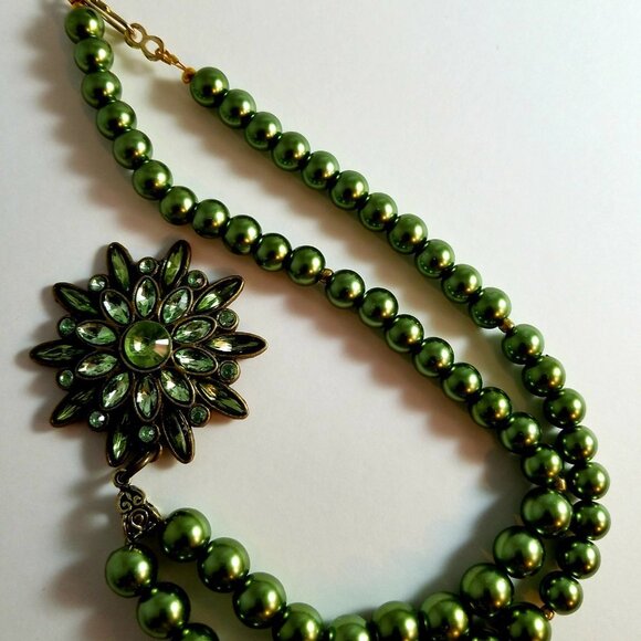 Hand Crafted Moss Green Glass Pearl Necklace and DropbEarrings - 2 Piece Set - Picture 3 of 4